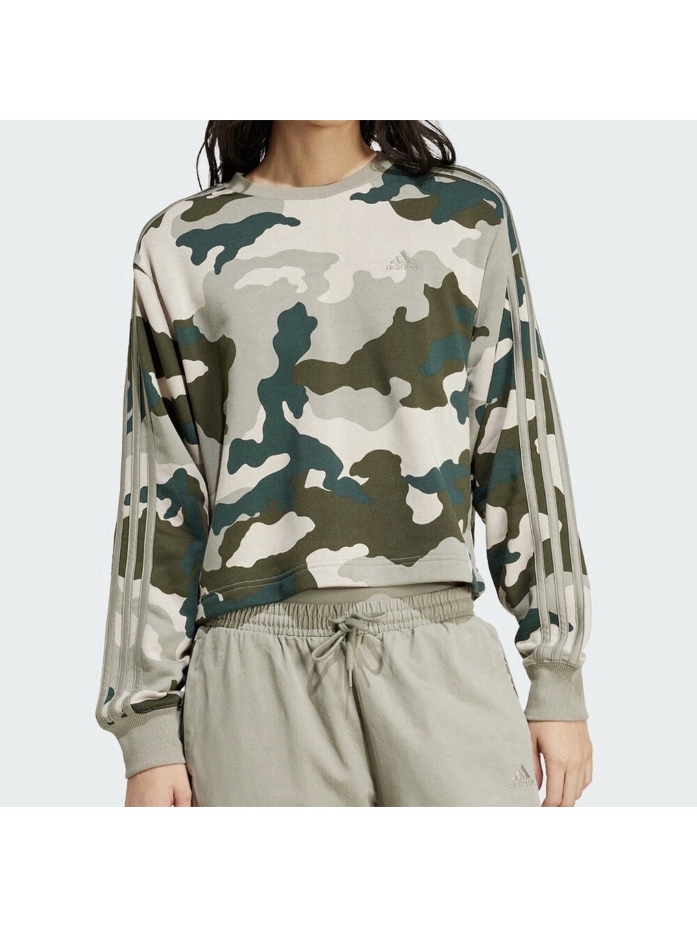 Adidas Essentials 3-Stripes Camo AOP Cropped Sweatshirt NWT L Blokecore Y2K